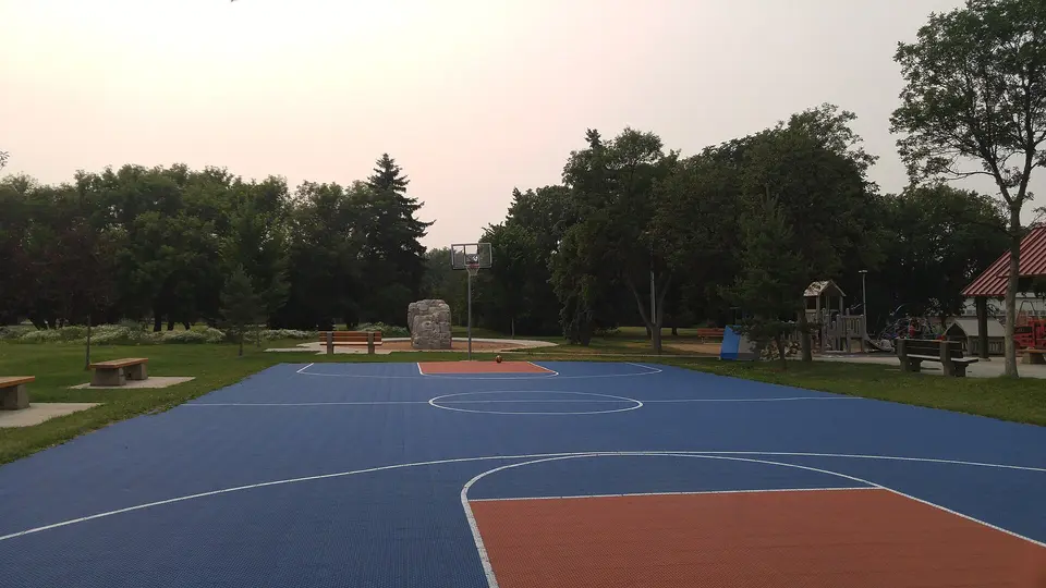 Ağaçlarla çevrili açık hava basketbol sahası