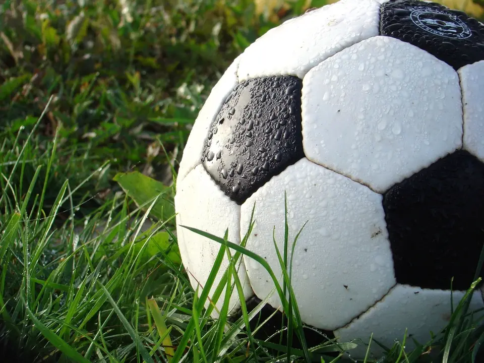 Çimenler üzerinde çiy damlalı bir futbol topu